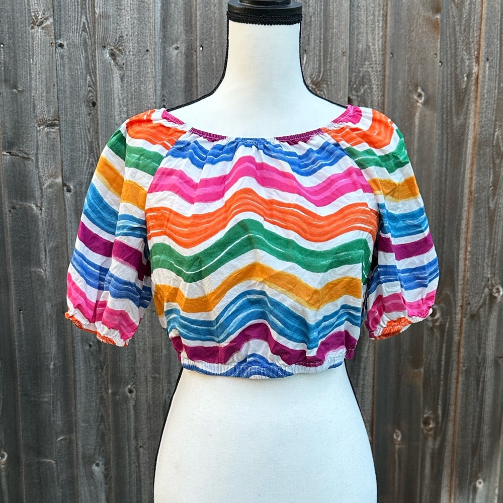 Rachel Zoe Multicolor Balloon Sleeve Striped Crop Top EUC